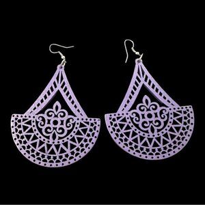 Large Purple Laser-Cut Teardrop Earrings With Intricate Geometric Pattern Design